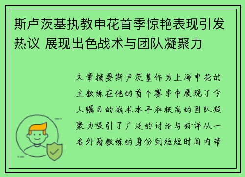 斯卢茨基执教申花首季惊艳表现引发热议 展现出色战术与团队凝聚力